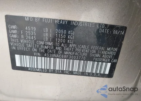 2015 Subaru Legacy 2.5I Premium из США, поврежденный, VIN 4S3BNAC68F3003770